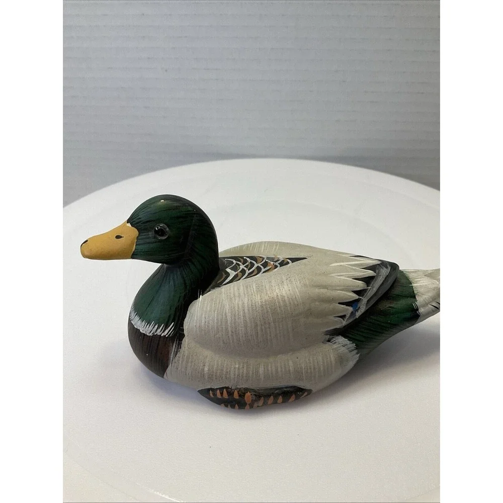 Ceramic Hand Painted Glass Eyed Mallard Duck Decoy Decor Green White 6